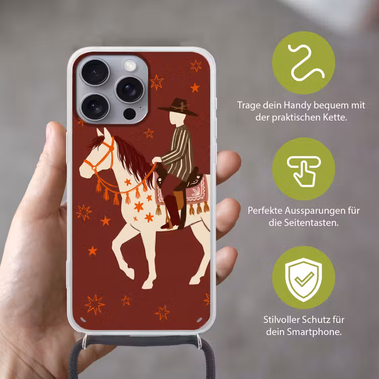 Paard - Ruiter - Sterren - Nacht - Illustratie Hoesje iPhone 16 Pro Max met koord klein -sfeer2_DE