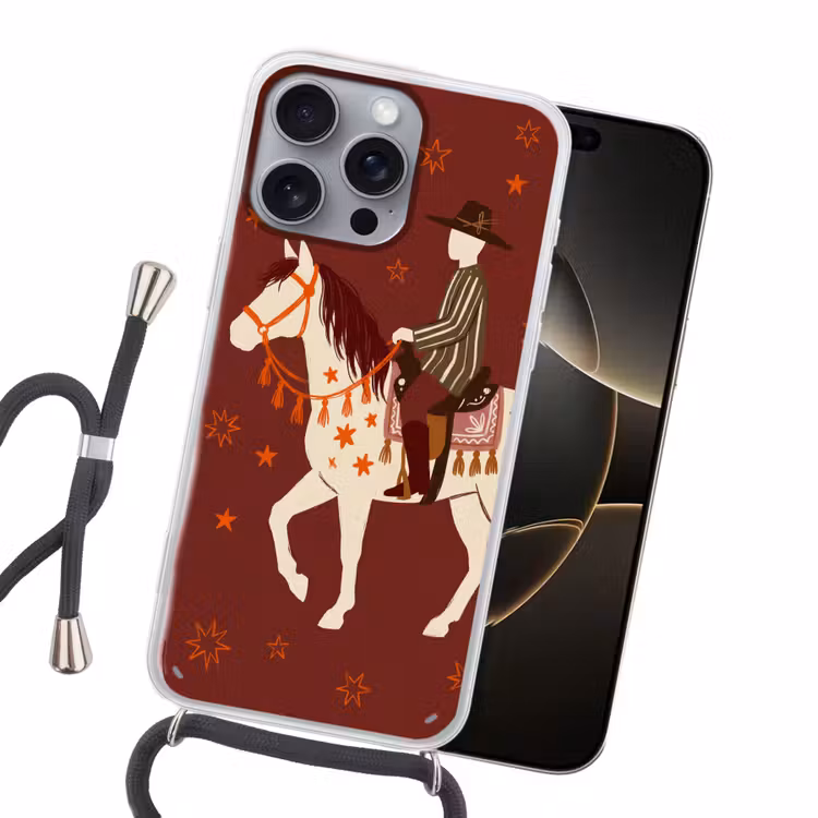 Paard - Ruiter - Sterren - Nacht - Illustratie Hoesje iPhone 16 Pro Max met koord klein -sfeer1