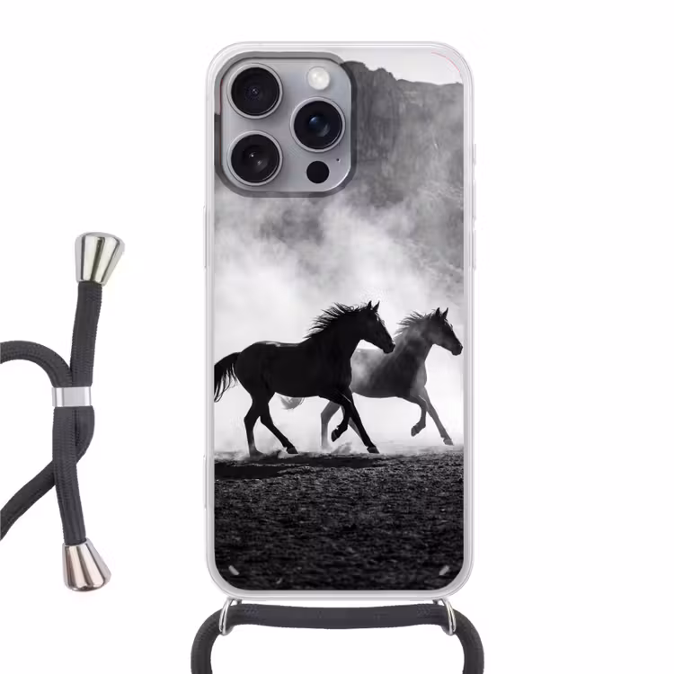 Paard - Ren - Stof - Zwart-wit - Dieren Hoesje iPhone 16 Pro Max met koord klein -3d