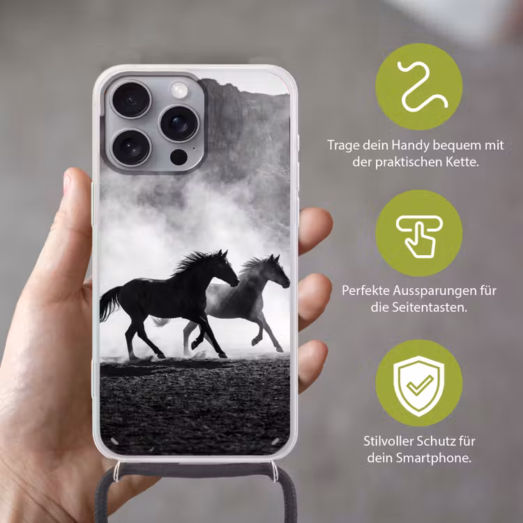 Paard - Ren - Stof - Zwart-wit - Dieren Hoesje iPhone 16 Pro Max met koord klein -sfeer2_DE