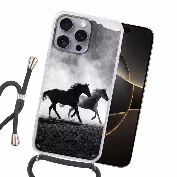 Paard - Ren - Stof - Zwart-wit - Dieren Hoesje iPhone 16 Pro Max met koord klein -sfeer1