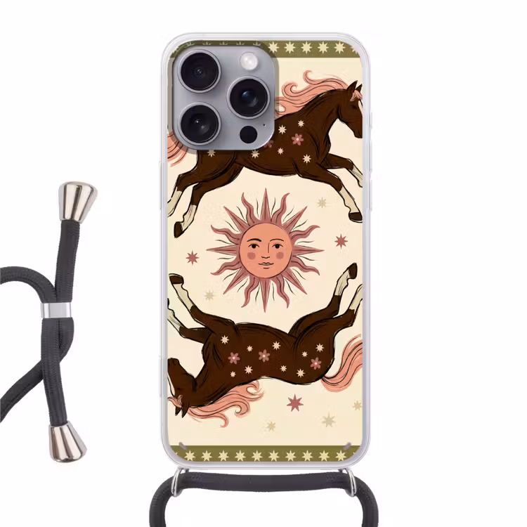 Paard - Zon - Mystiek - Illustratie - Roze Hoesje iPhone 16 Pro Max met koord klein -3d