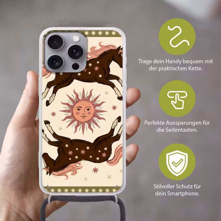 Paard - Zon - Mystiek - Illustratie - Roze Hoesje iPhone 16 Pro Max met koord klein -sfeer2_DE