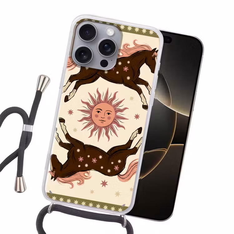 Paard - Zon - Mystiek - Illustratie - Roze Hoesje iPhone 16 Pro Max met koord klein -sfeer1