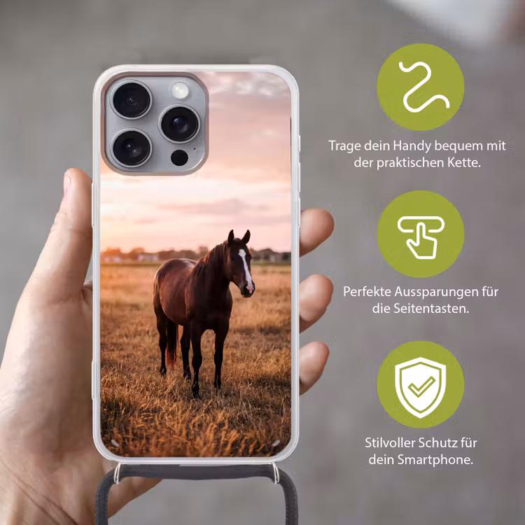 Paard - Zonsondergang - Bruin Hoesje iPhone 16 Pro Max met koord klein -sfeer2_DE