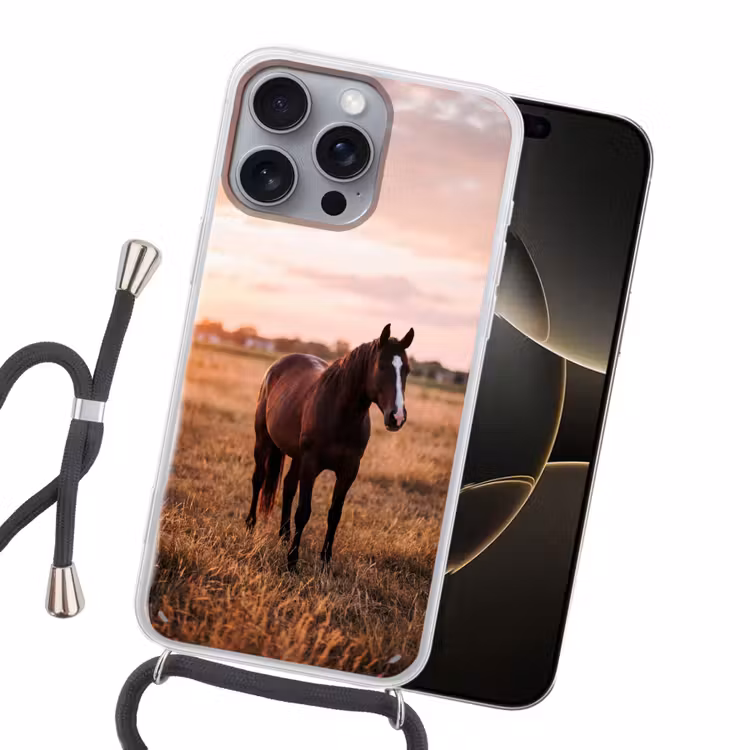 Paard - Zonsondergang - Bruin Hoesje iPhone 16 Pro Max met koord klein -sfeer1