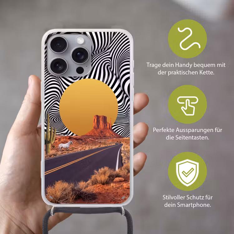 Handyhülle mit Band - Pferd – Wüste – Natur - Paard - Woestijn - Natuur Hoesje iPhone 16 Pro Max met koord klein