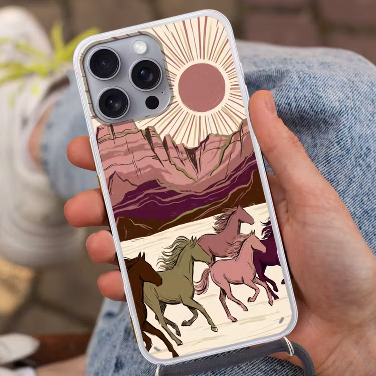 Paarden - Rennend - Woestijn - Natuur - Abstract Hoesje iPhone 16 Pro Max met koord klein -sfeer3