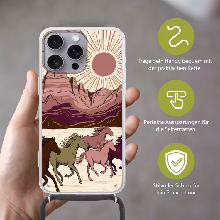 Paarden - Rennend - Woestijn - Natuur - Abstract Hoesje iPhone 16 Pro Max met koord klein -sfeer2_DE