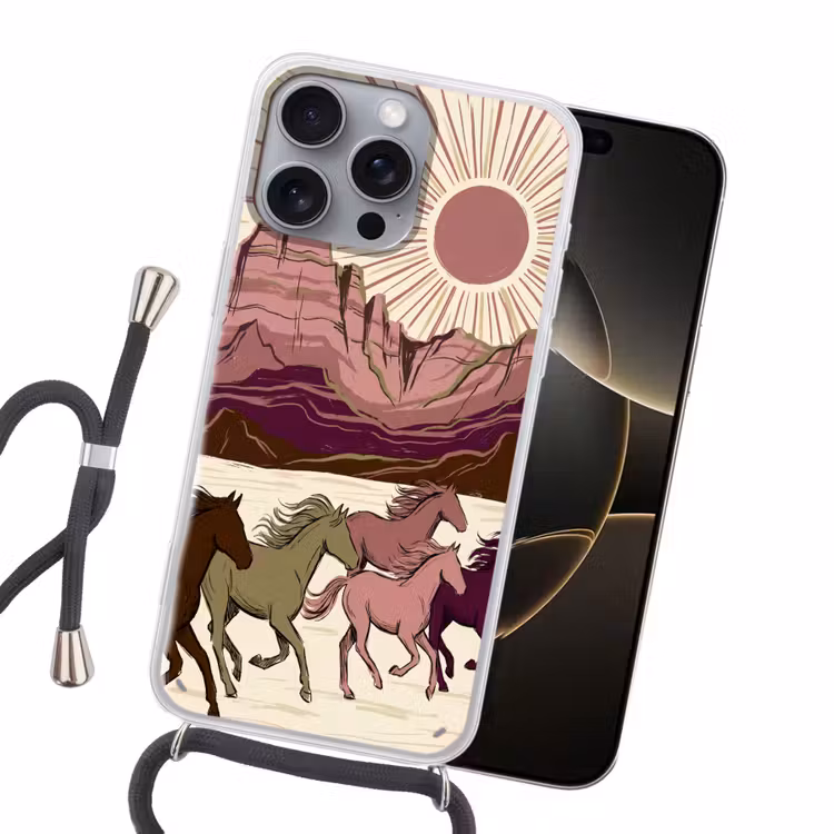 Paarden - Rennend - Woestijn - Natuur - Abstract Hoesje iPhone 16 Pro Max met koord klein -sfeer1
