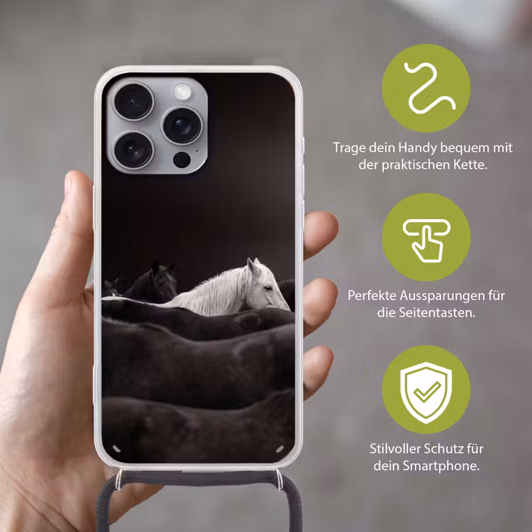 Paarden - Zwart - Wit - Kudde Hoesje iPhone 16 Pro Max met koord klein -sfeer2_DE