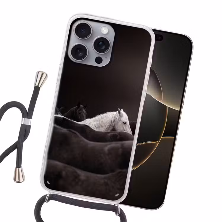 Paarden - Zwart - Wit - Kudde Hoesje iPhone 16 Pro Max met koord klein -sfeer1
