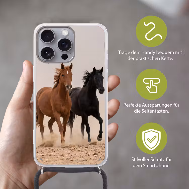 Kudde paarden - Stofwolk - Bruin - Zwart Hoesje iPhone 16 Pro Max met koord klein -sfeer2_DE