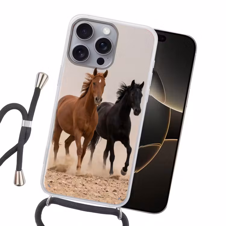 Kudde paarden - Stofwolk - Bruin - Zwart Hoesje iPhone 16 Pro Max met koord klein -sfeer1