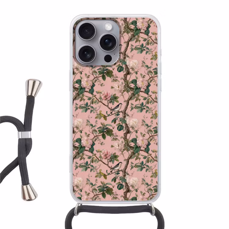Pioenrozen - Botanisch - Vogel Hoesje iPhone 16 Pro Max met koord klein 804 -3d