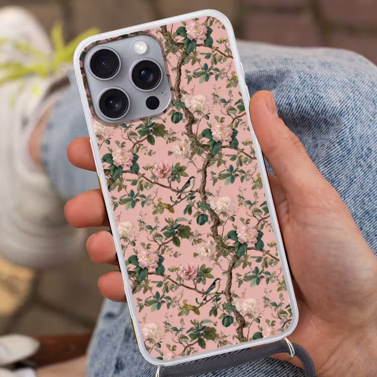 Pioenrozen - Botanisch - Vogel Hoesje iPhone 16 Pro Max met koord klein 804 -sfeer3