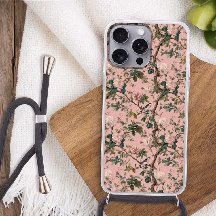 Pioenrozen - Botanisch - Vogel Hoesje iPhone 16 Pro Max met koord klein 804 -sfeer4