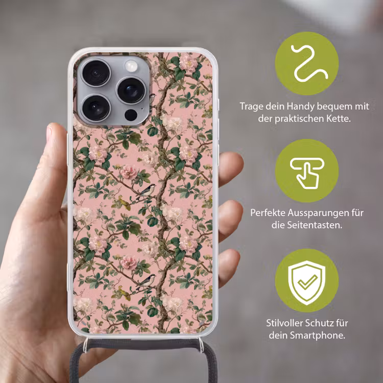 Pioenrozen - Botanisch - Vogel Hoesje iPhone 16 Pro Max met koord klein 804 -sfeer2_DE