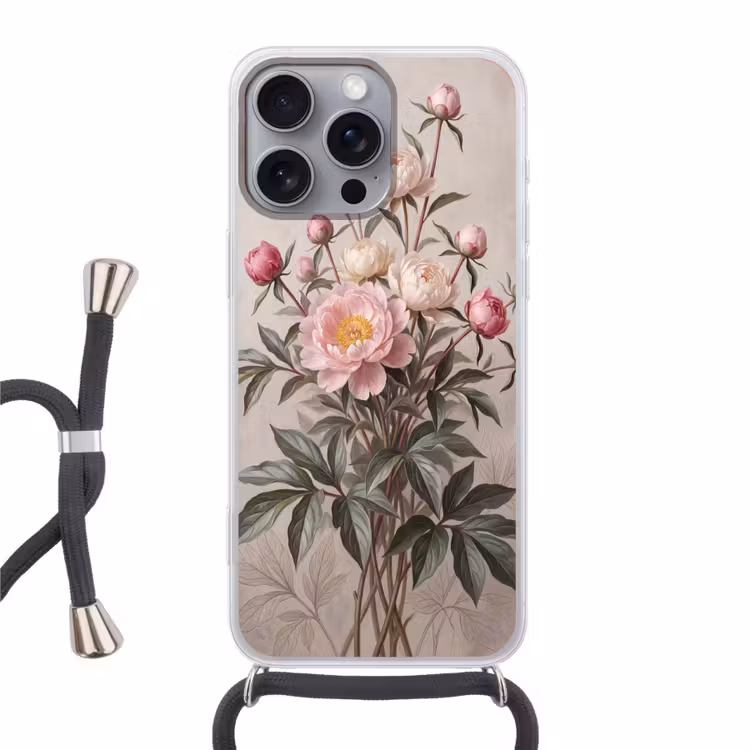 Pioenrozen - Boeket - Roze Hoesje iPhone 16 Pro Max met koord klein -3d
