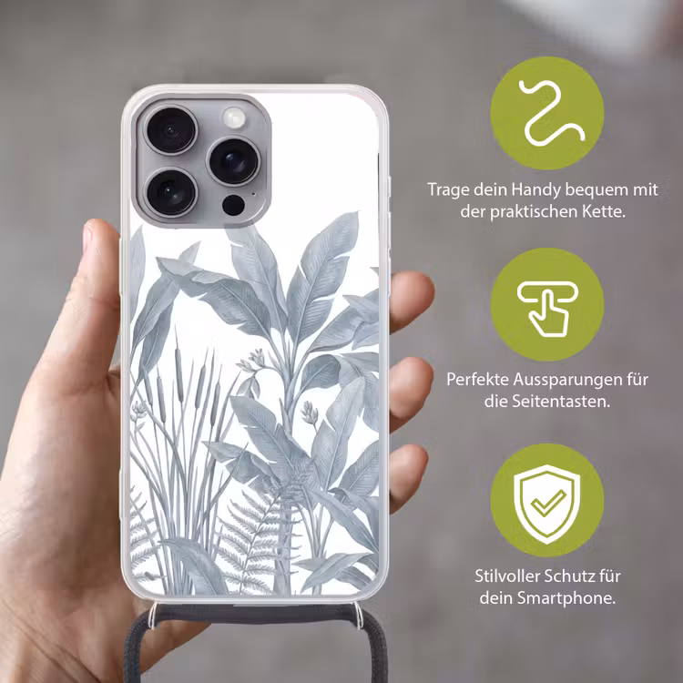 Planten - Bladeren - Natuur - Grijs Hoesje iPhone 16 Pro Max met koord klein -sfeer2_DE