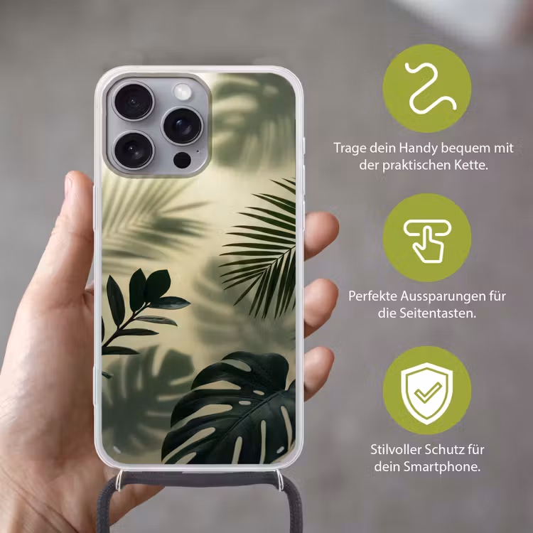 Planten - Bladeren - Schaduwen - Groen - Modern Hoesje iPhone 16 Pro Max met koord klein -sfeer2_DE