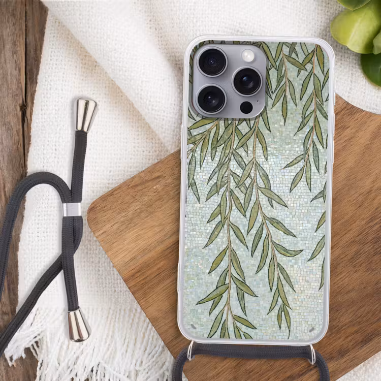 Planten - Mozaïek - Patroon - Groen - Blauw Hoesje iPhone 16 Pro Max met koord klein -sfeer4