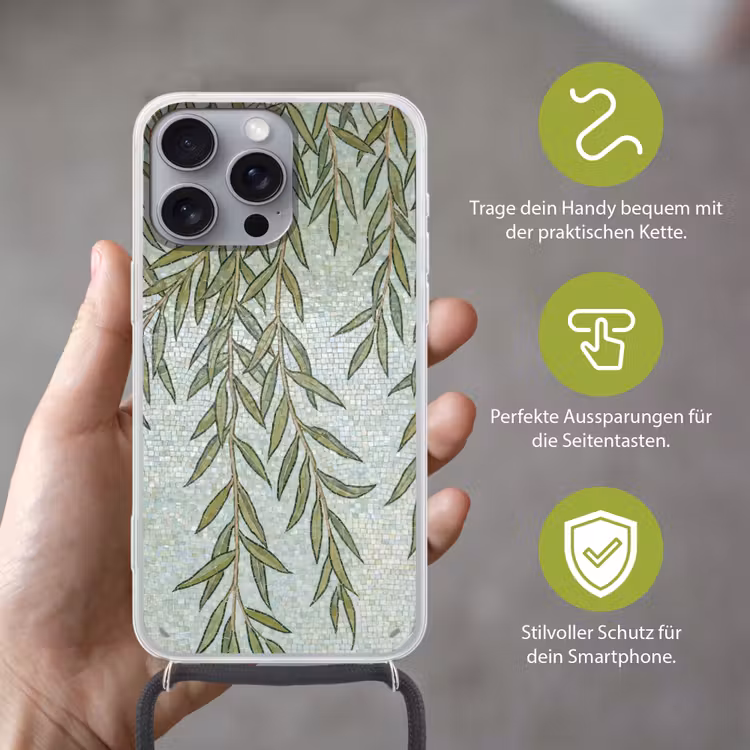 Planten - Mozaïek - Patroon - Groen - Blauw Hoesje iPhone 16 Pro Max met koord klein -sfeer2_DE