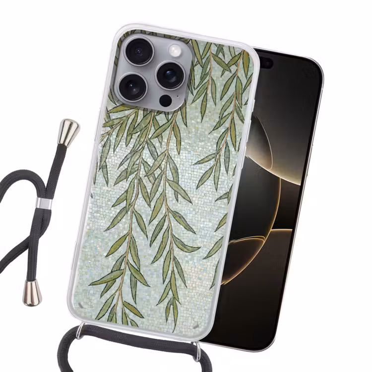 Planten - Mozaïek - Patroon - Groen - Blauw Hoesje iPhone 16 Pro Max met koord klein -sfeer1