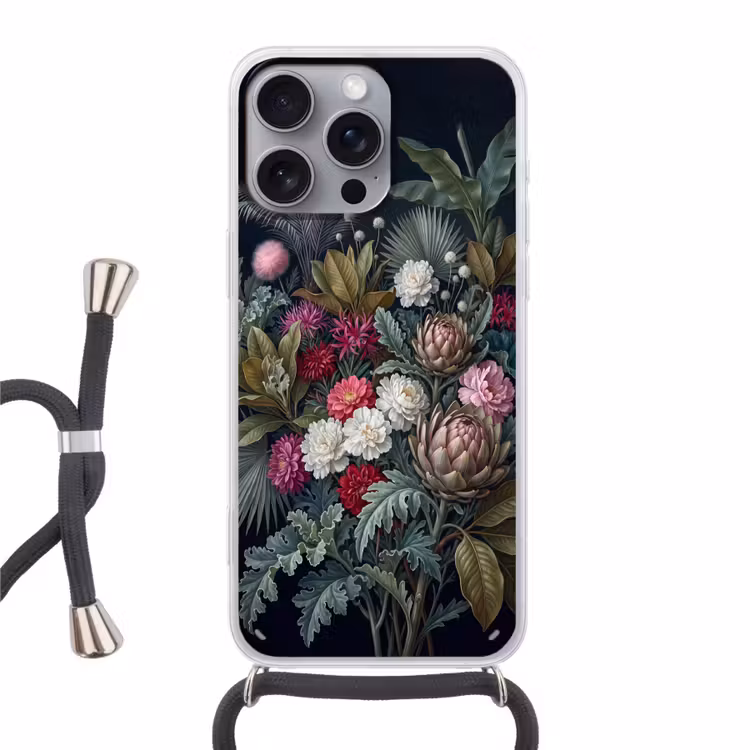 Planten - Tropisch - Botanisch - Donker - Groen Hoesje iPhone 16 Pro Max met koord klein -3d