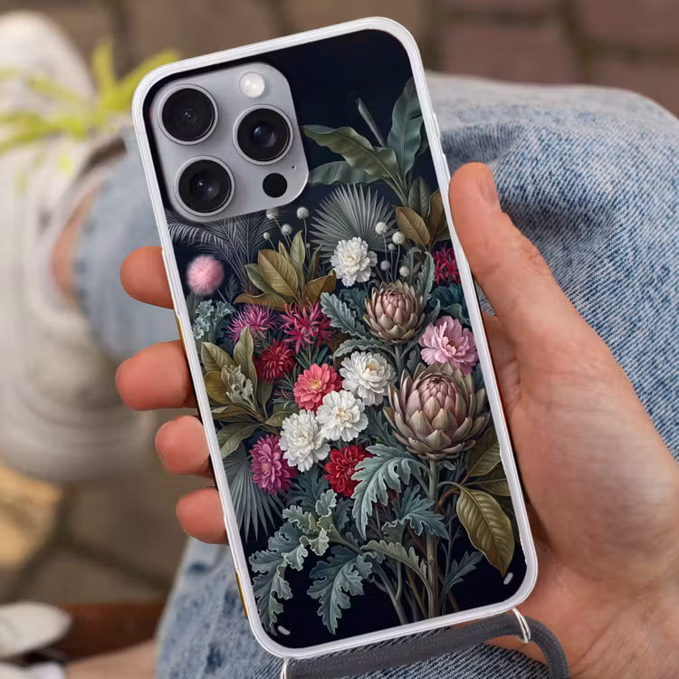 Planten - Tropisch - Botanisch - Donker - Groen Hoesje iPhone 16 Pro Max met koord klein -sfeer3