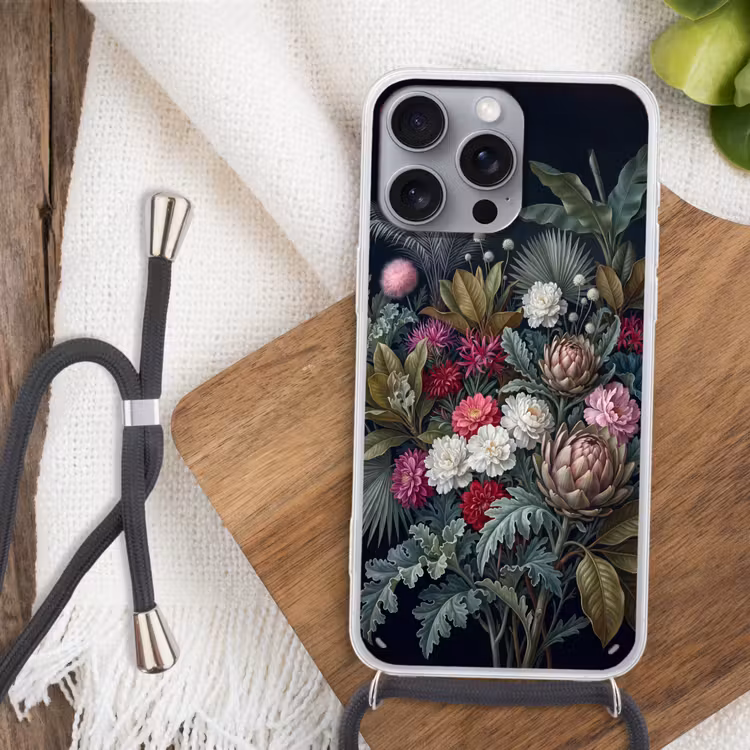 Planten - Tropisch - Botanisch - Donker - Groen Hoesje iPhone 16 Pro Max met koord klein -sfeer4