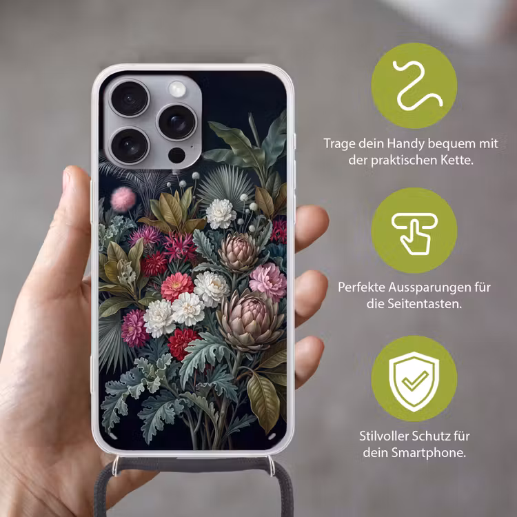 Planten - Tropisch - Botanisch - Donker - Groen Hoesje iPhone 16 Pro Max met koord klein -sfeer2_DE