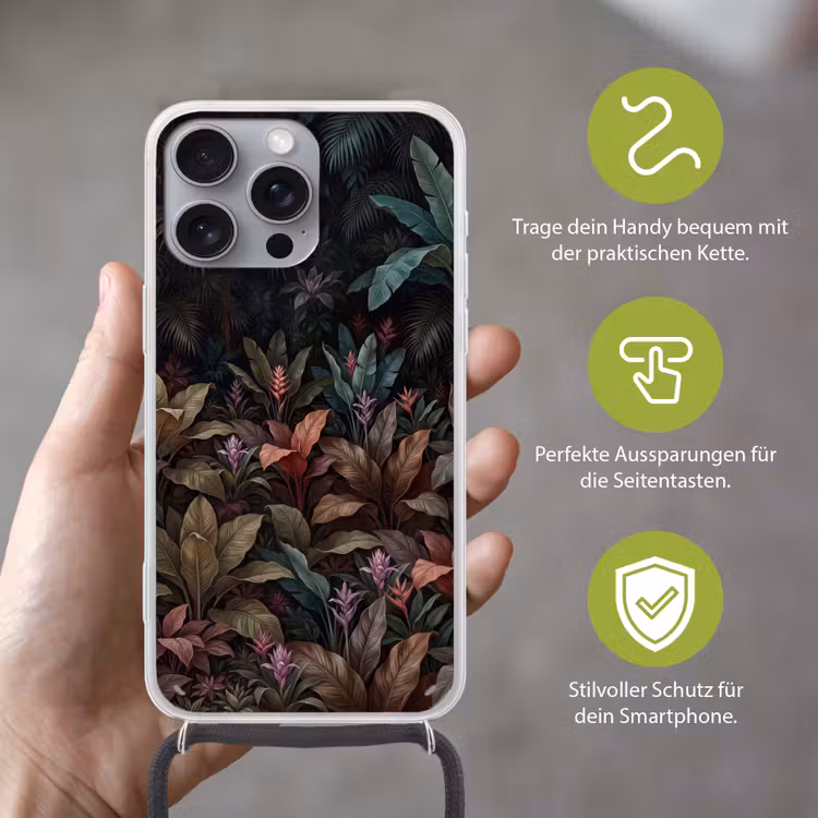 Planten - Tropisch - Jungle - Donker - Natuur Hoesje iPhone 16 Pro Max met koord klein -sfeer2_DE