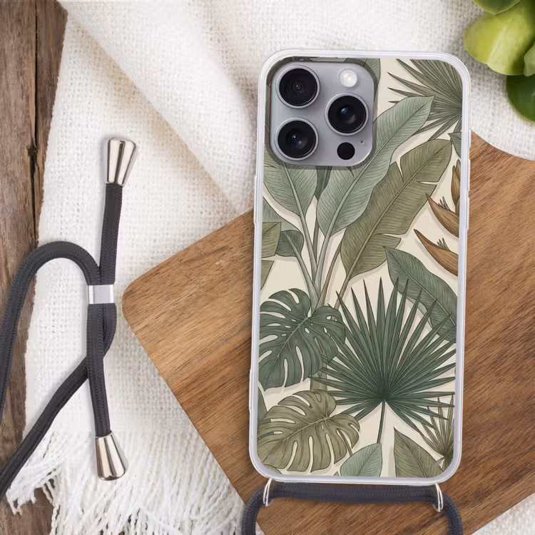 Planten - Tropisch - Natuur - Illustratie - Groen Hoesje iPhone 16 Pro Max met koord klein -sfeer4