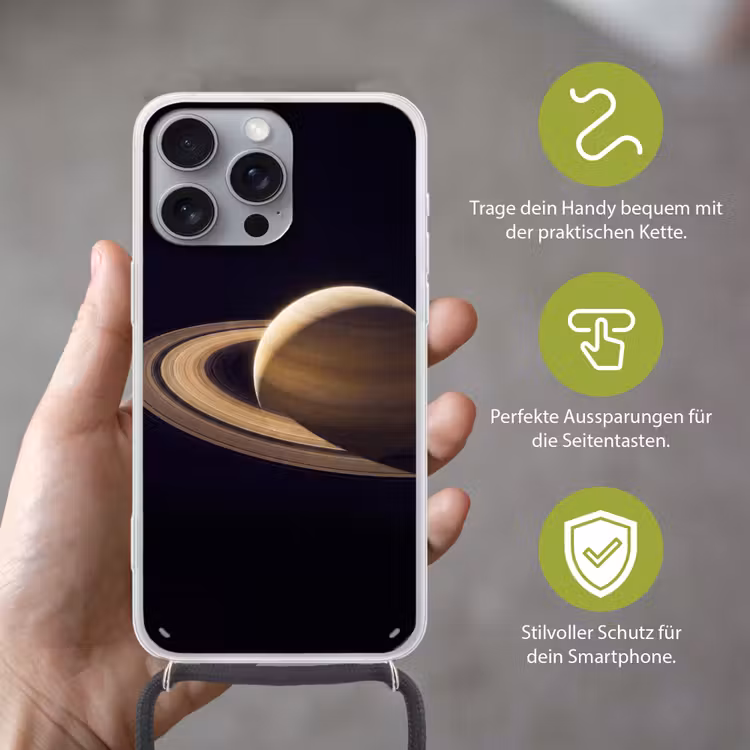 Handyhülle mit Band - Planet – Ringe – Weltraum - Planeet - Ringen - Ruimte Hoesje iPhone 16 Pro Max met koord klein