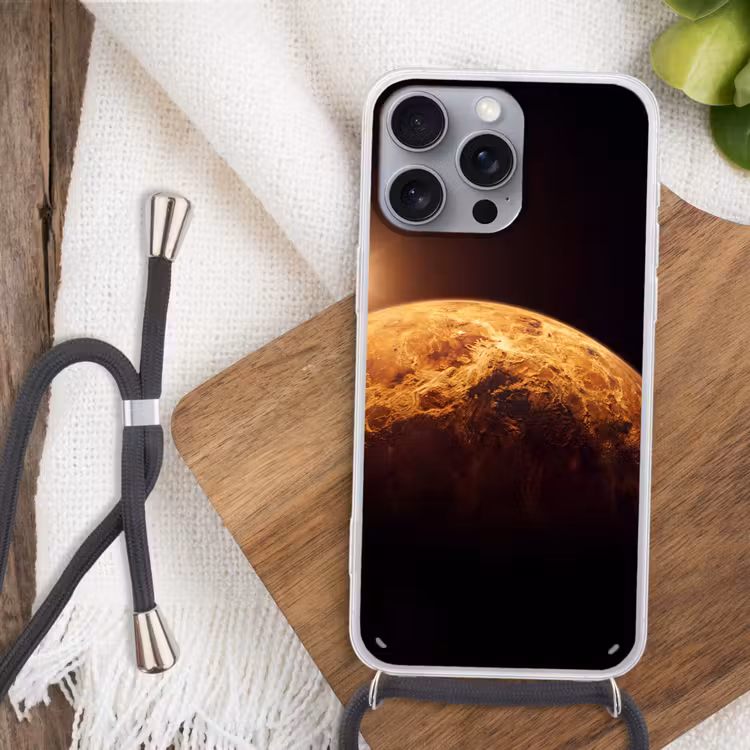 Handyhülle mit Band - Planet – Weltraum – Orange - Planeet - Ruimte - Oranje Hoesje iPhone 16 Pro Max met koord klein