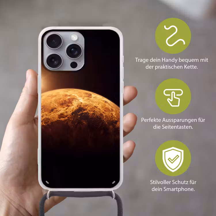Handyhülle mit Band - Planet – Weltraum – Orange - Planeet - Ruimte - Oranje Hoesje iPhone 16 Pro Max met koord klein