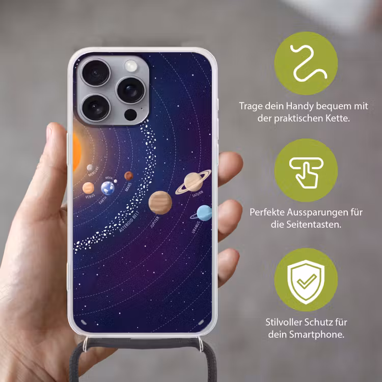 Planetenstelsel - Ruimte - Illustratie Hoesje iPhone 16 Pro Max met koord klein -sfeer2_DE