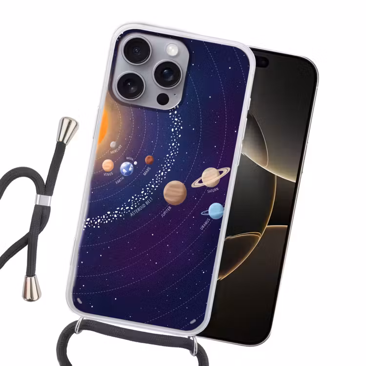 Planetenstelsel - Ruimte - Illustratie Hoesje iPhone 16 Pro Max met koord klein -sfeer1