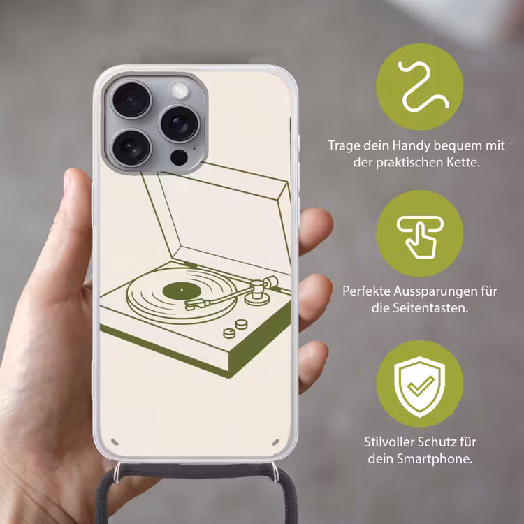 Platenspeler - Vinyl - Muziek - Minimalistisch - Groen Hoesje iPhone 16 Pro Max met koord klein -sfeer2_DE