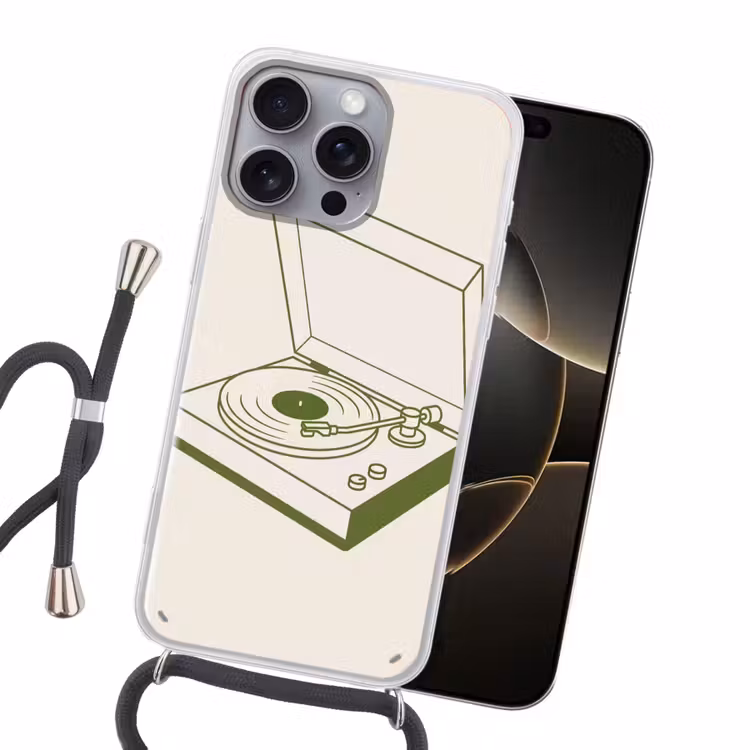 Platenspeler - Vinyl - Muziek - Minimalistisch - Groen Hoesje iPhone 16 Pro Max met koord klein -sfeer1