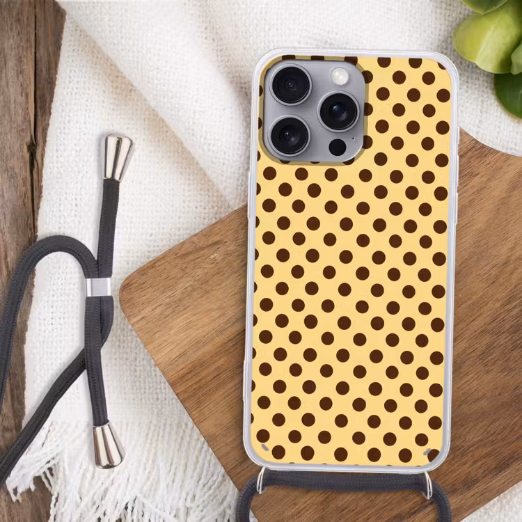 Polka Dot - Stippen - Retro - Geel - Bruin Hoesje iPhone 16 Pro Max met koord klein 804 -sfeer4