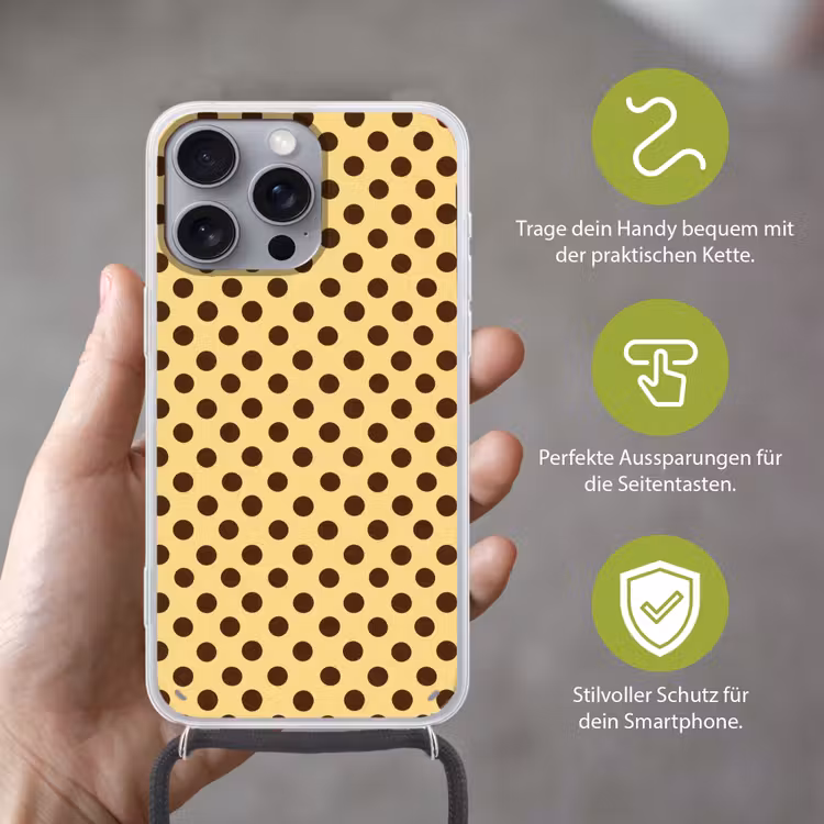 Polka Dot - Stippen - Retro - Geel - Bruin Hoesje iPhone 16 Pro Max met koord klein 804 -sfeer2_DE