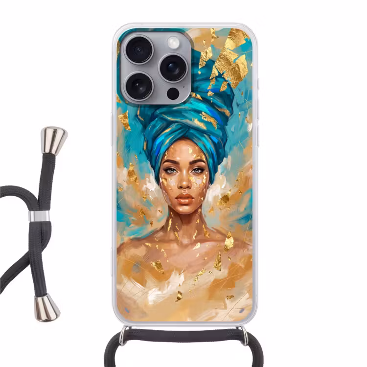 Portret - Vrouw - Schilderij - Blauw - Goud - Expressief Hoesje iPhone 16 Pro Max met koord klein -3d