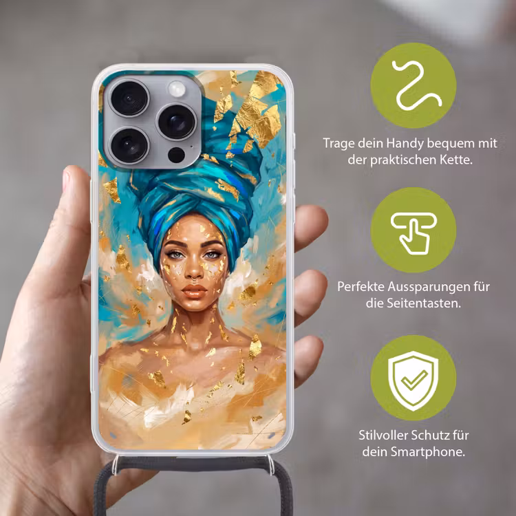 Portret - Vrouw - Schilderij - Blauw - Goud - Expressief Hoesje iPhone 16 Pro Max met koord klein -sfeer2_DE