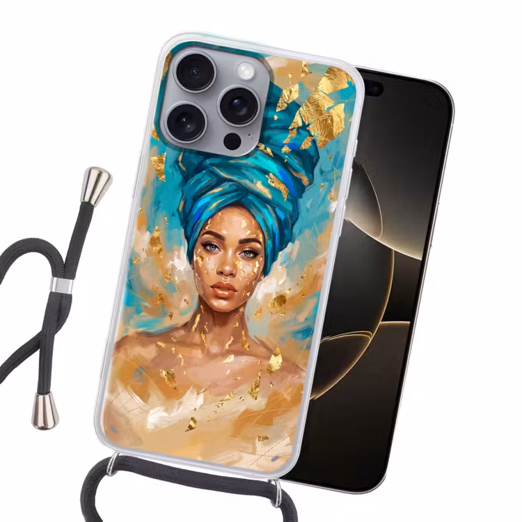 Portret - Vrouw - Schilderij - Blauw - Goud - Expressief Hoesje iPhone 16 Pro Max met koord klein -sfeer1