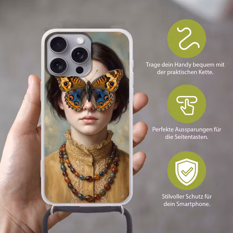 Portret - Vlinder - Kleurrijk Hoesje iPhone 16 Pro Max met koord klein -sfeer2_DE