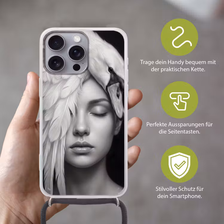 Portret - Zwaan - Zwart - Wit Hoesje iPhone 16 Pro Max met koord klein -sfeer2_DE