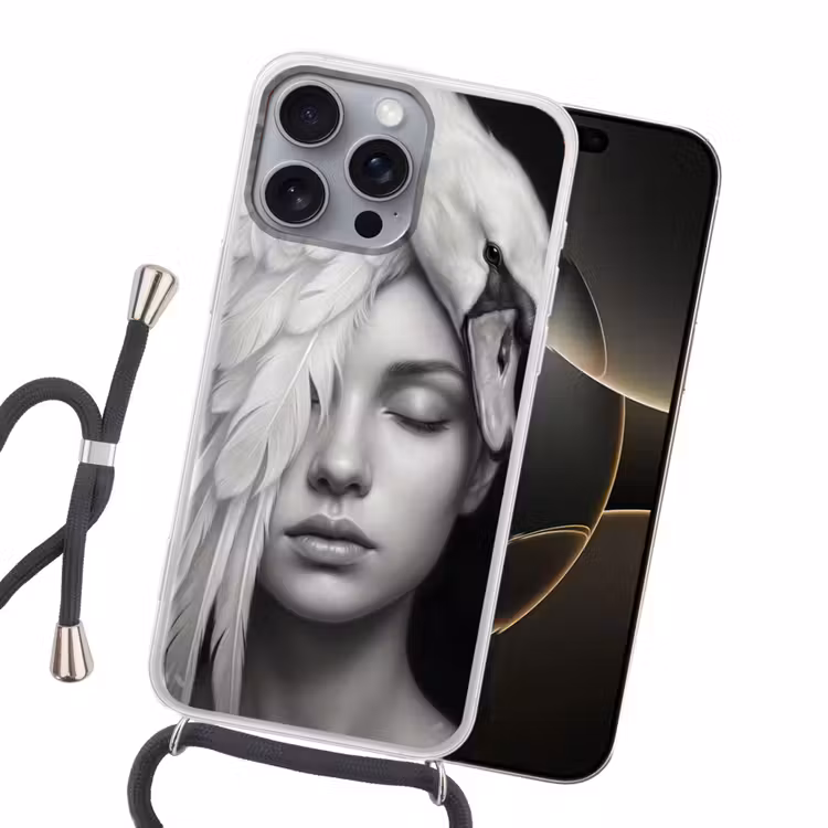 Portret - Zwaan - Zwart - Wit Hoesje iPhone 16 Pro Max met koord klein -sfeer1
