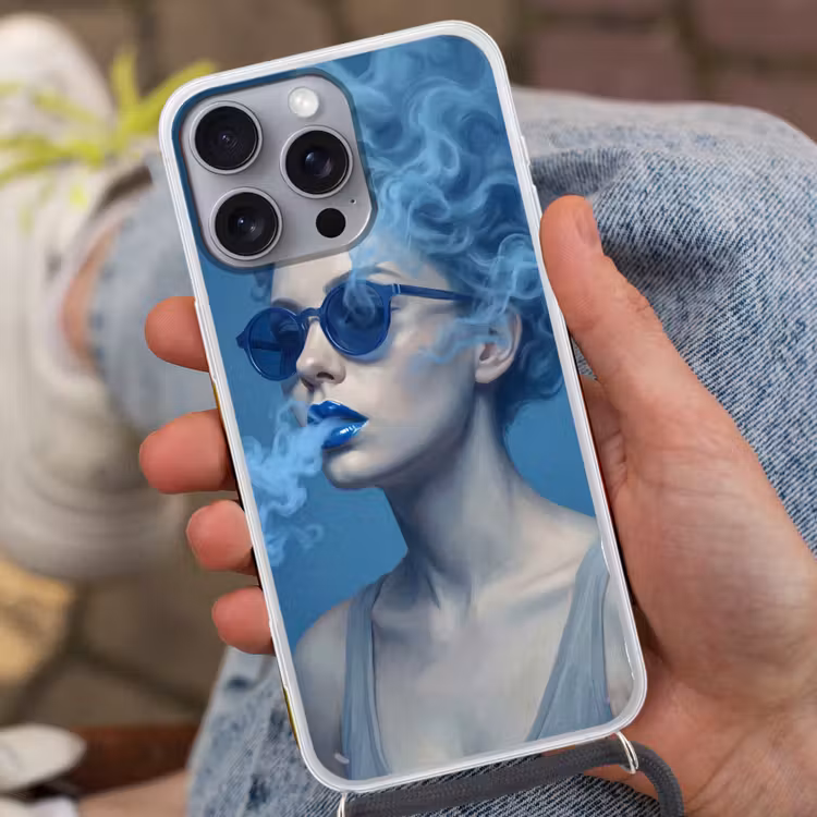 Portret - Zonnebril - Rook - Abstract - Blauw Hoesje iPhone 16 Pro Max met koord klein -sfeer3